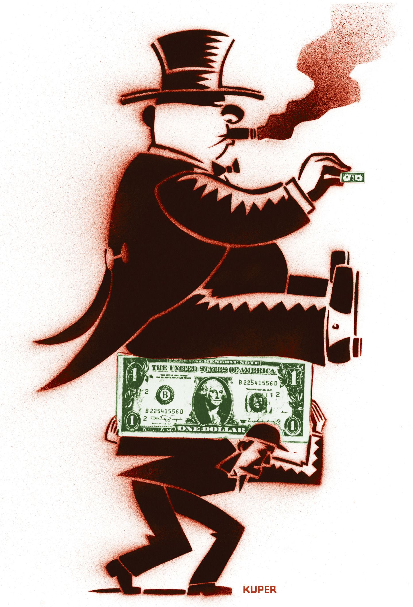 
                                This is a wordless political cartoon, It depicts a large, overweight, and wealthy-looking man smoking a cigar and holding a small dollar bill. The smoke from the cigar rises like pollution. The large man is being carried atop a much larger dollar bill that is on the back of a working-class man, who is struggling to avoid being crushed by the weight.
                            
