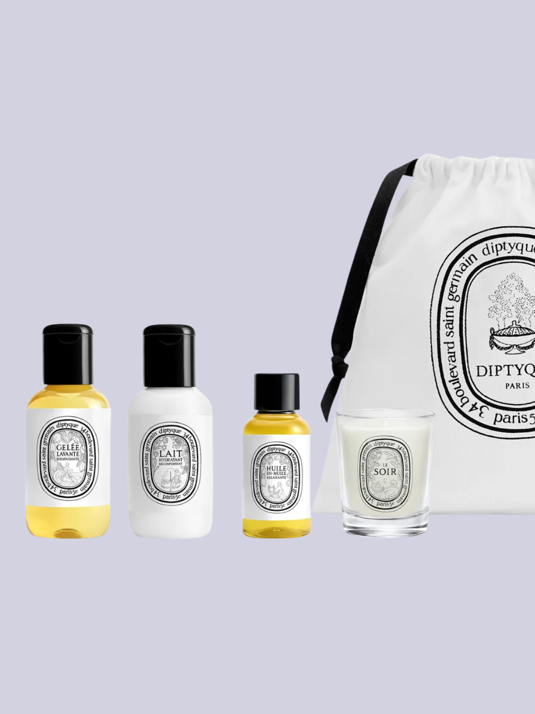 A soothing evening ritual discovery set of minis including a shower gel, a body oil, a moisturizer, and a mini candle from Diptyque