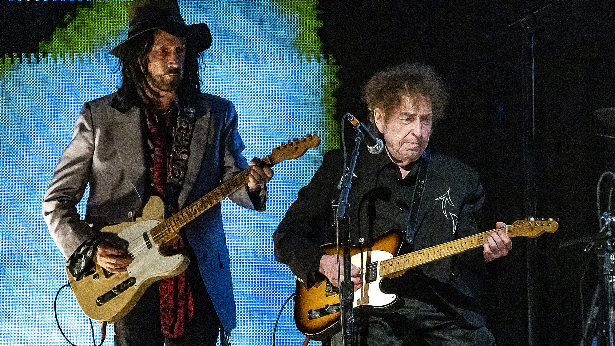 Mike Campbell (L) and special guest Bob Dylan perform in concert during Farm Aid at Ruoff Home Mortgage Music Center on September 23, 2023 in Noblesville, Indiana.