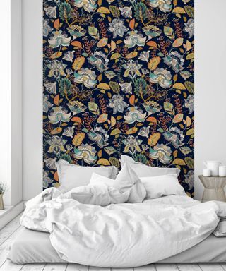 Floral abstract wallpaper in light bedroom
