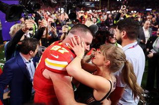 Travis Kelce and Taylor Swift celebrating the Kansas City Chief's Super Bowl win in February 2024.