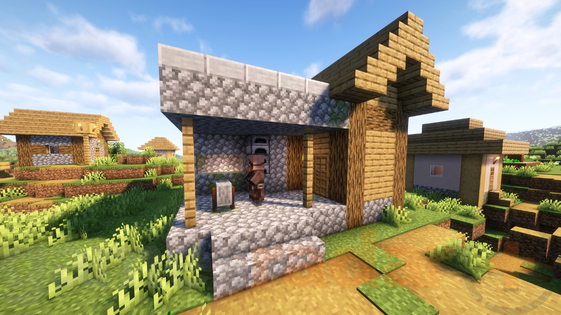 A Blacksmith villager house in a Minecraft village.