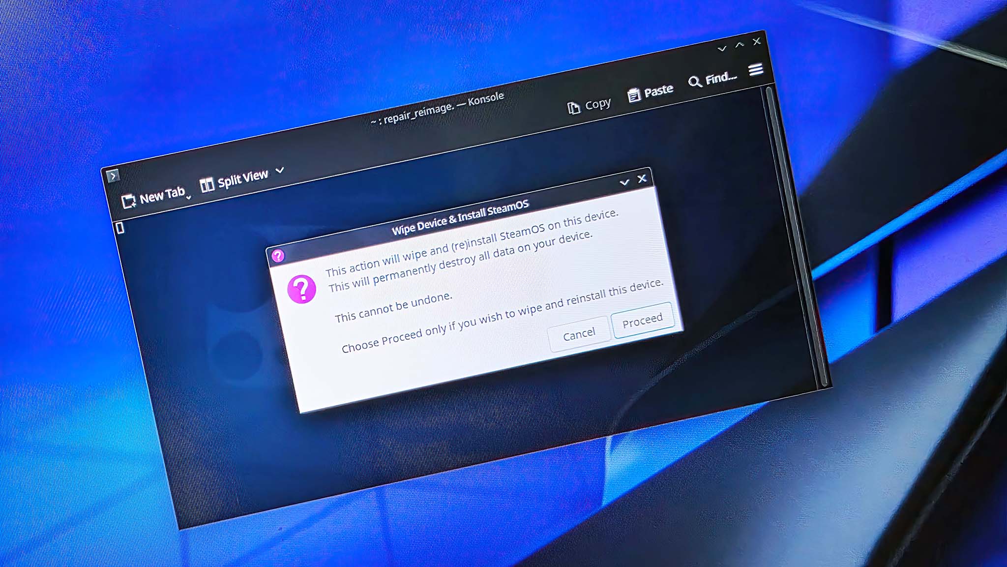 A pop up window asking if it should proceed with a SteamOS reimage on Legion Go.