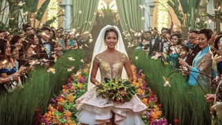A bride dressed in a lavish golden gown walks down an extravagantly decorated aisle covered in brightly-colored flowers.