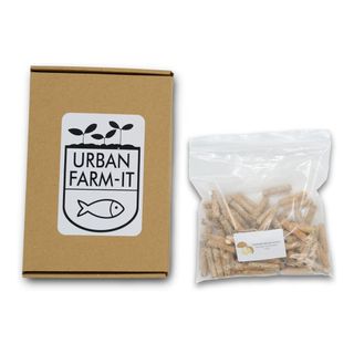 Brown box with Urban Farm-It logo sitting next to a plastic bag of mushroom plugs on a white background