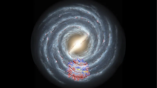 An illustration of the Milky Way with red and blue spots showing areas with few (blue) and many (red) heavy elements