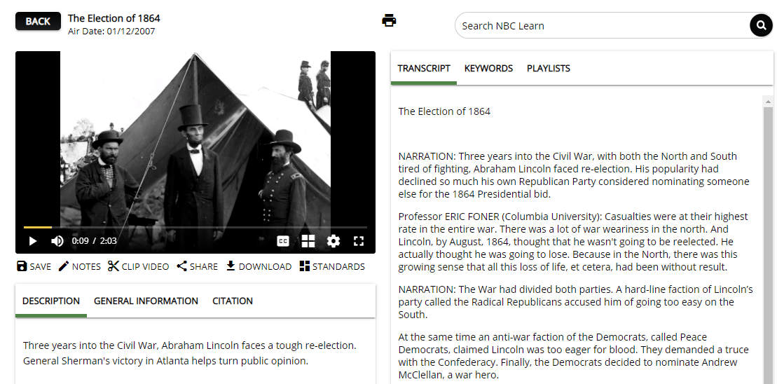 Election of 1864: Screenshot of NBC Learn website showing photo of Lincoln.