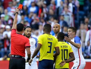 Jermaine Jones of the USA is shown the red card during the quarter-final of the 2016 Copa America against Ecuador