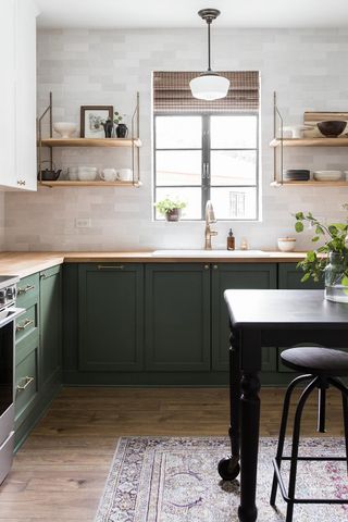 Ikea kitchen cabinet with a green painted modern farmhouse look by Jenna Sue Design