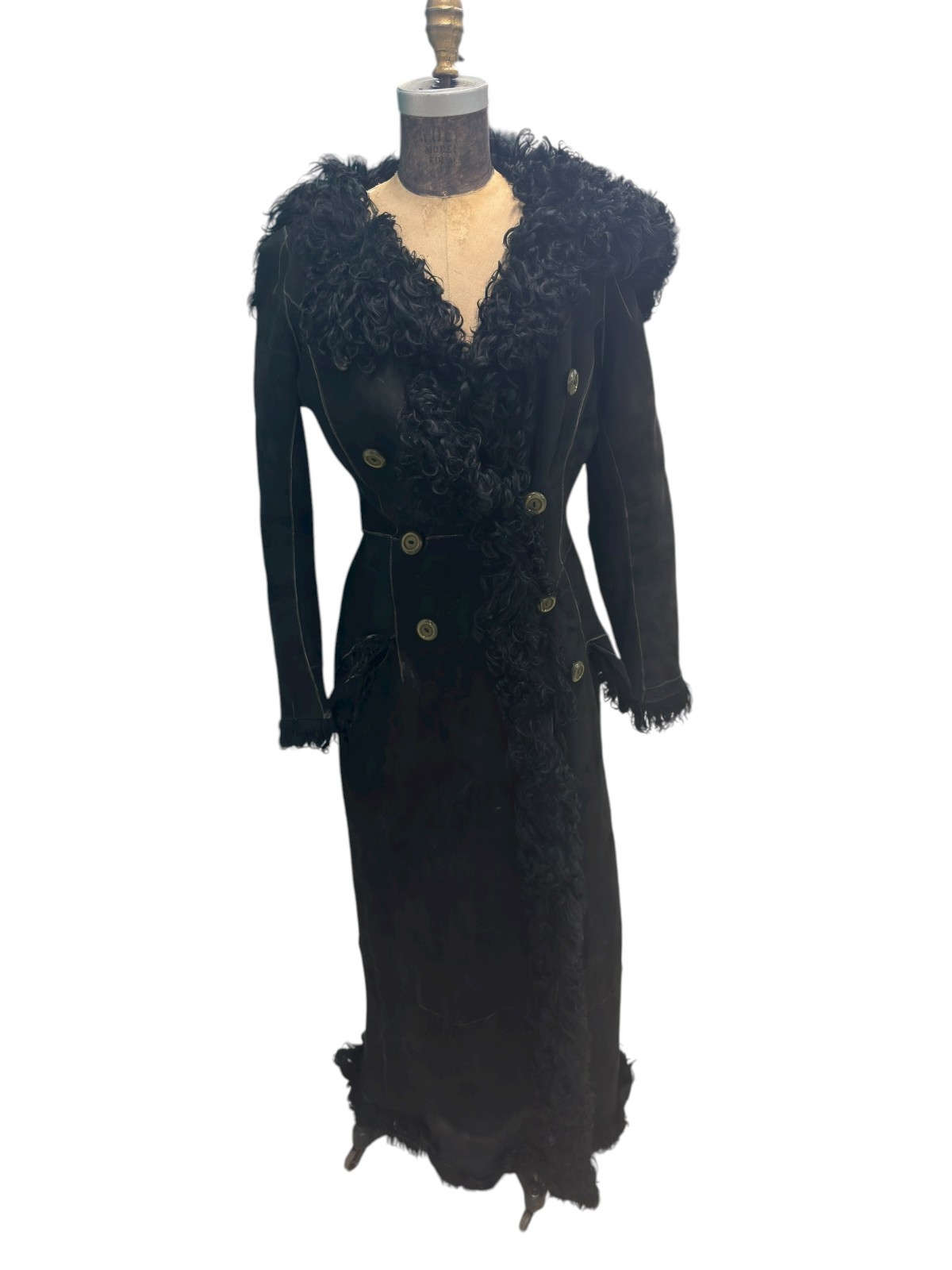 Vintage Long Black Hooded Sheepskin Shearling Coat Small