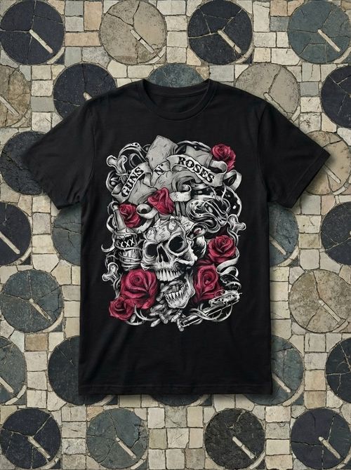 Flourish skull with pink roses t-shirt