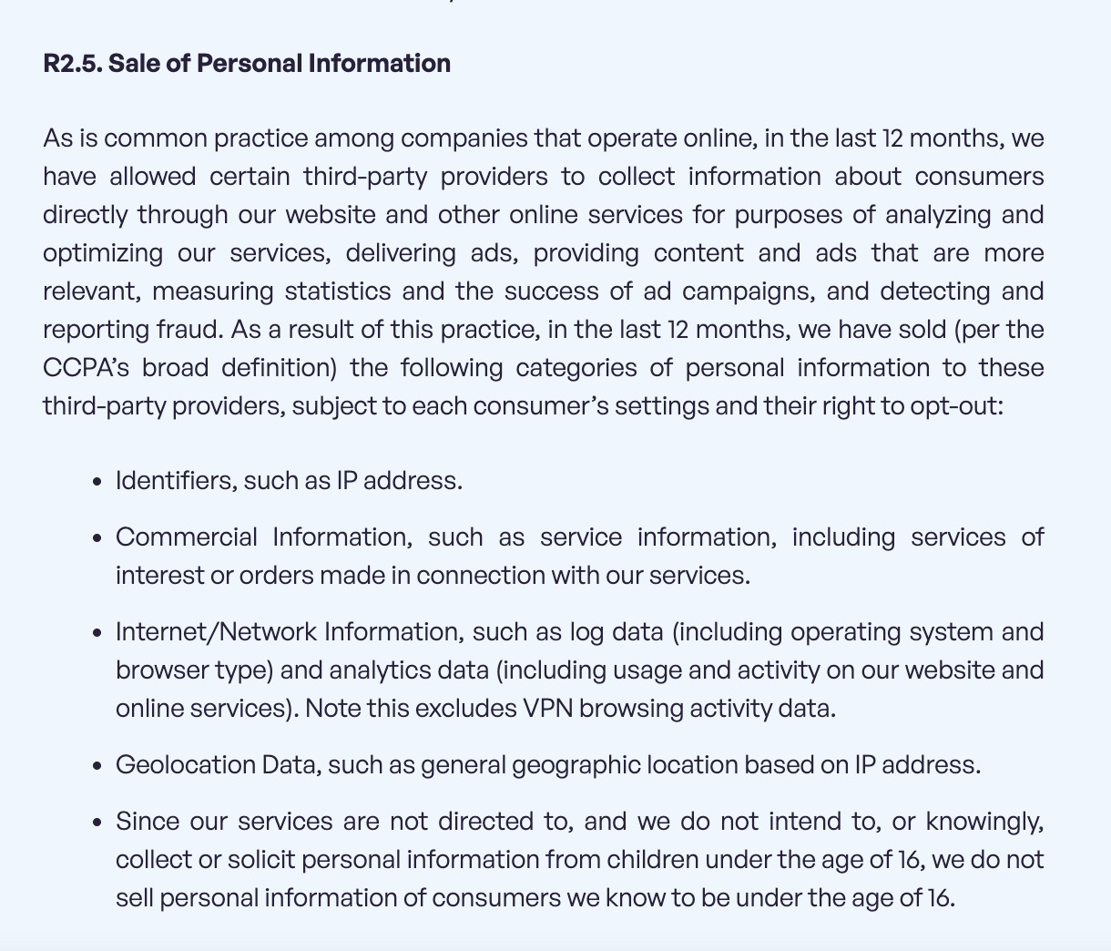 Clause in relating to sale of personal information