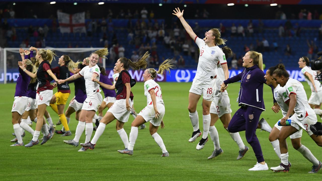 England players celebrate their World Cup quarter-final victory over Norway 