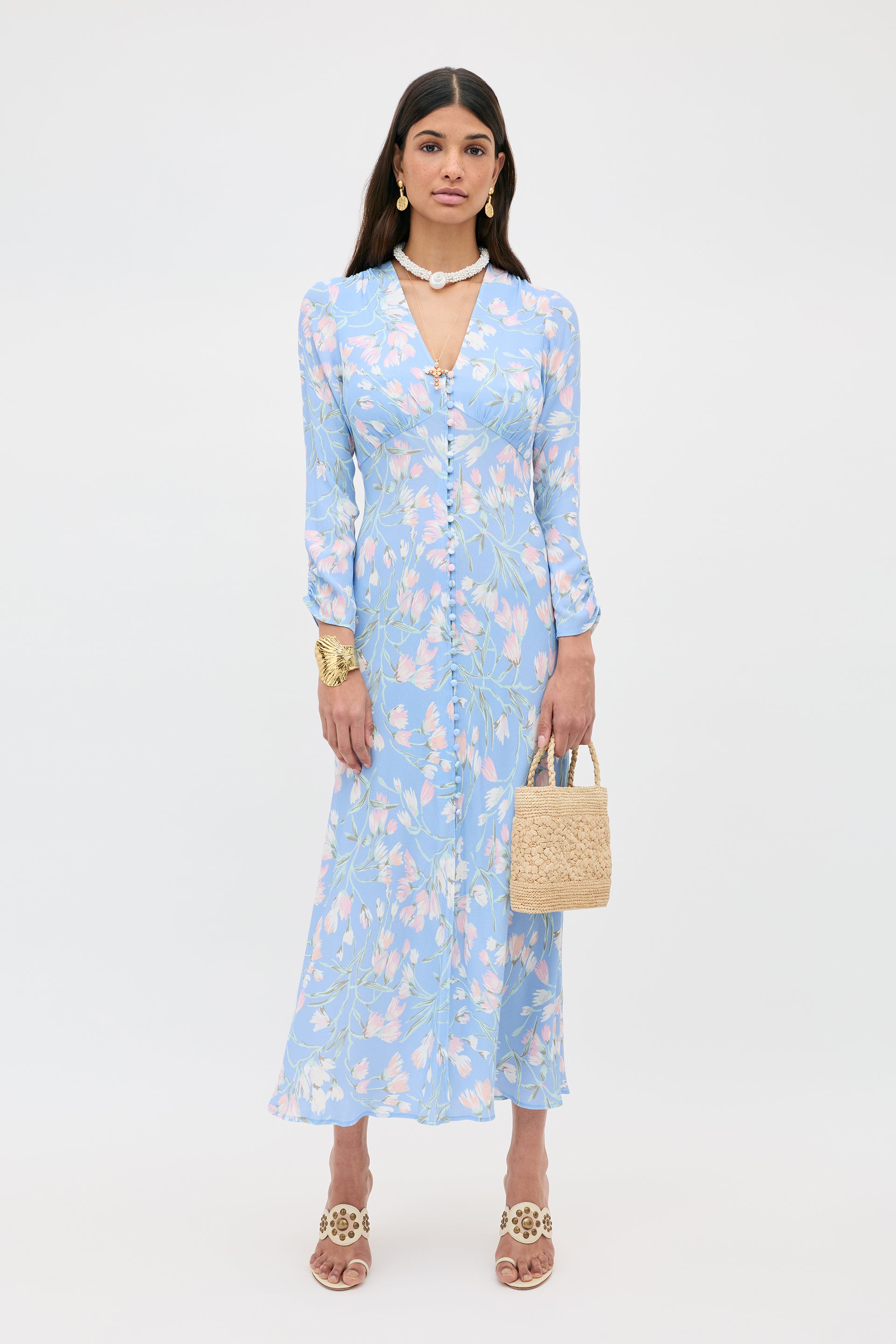 Katie Midi Dress in Watercolour Floral Blue