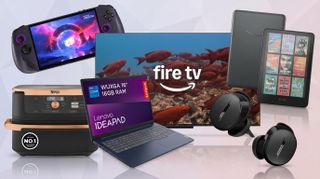 A collage of tech from the latest Amazon UK sale, including a Lenovo laptop, Fire TV, Kindle, Bose earbuds, Lenovo laptop and Ninja air fryer