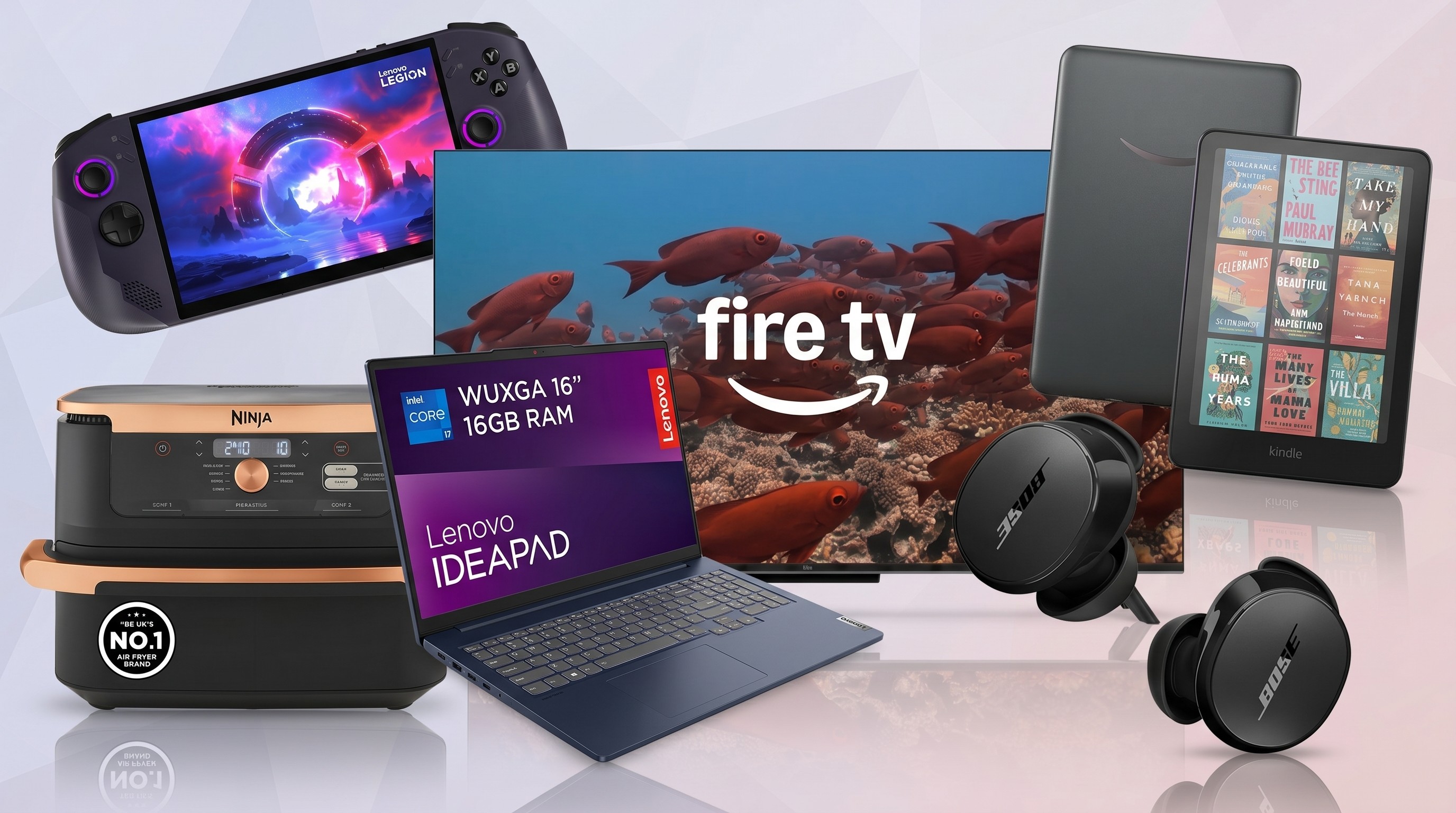 A collage of tech from the latest Amazon UK sale, including a Lenovo laptop, Fire TV, Kindle, Bose earbuds, Lenovo laptop and Ninja air fryer