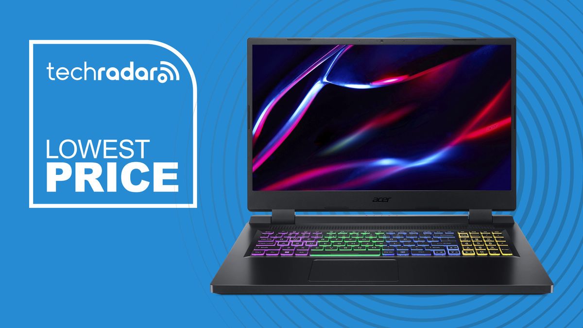 The Acer Nitro 17 gaming laptop on a blue background with a TechRadar &#039;lowest price&#039; badge