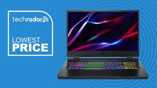 The Acer Nitro 17 gaming laptop on a blue background with a TechRadar 'lowest price' badge