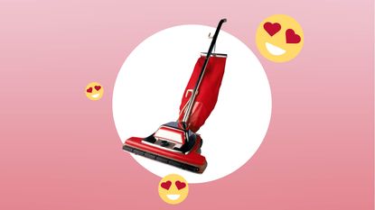 A vacuum on a pink background with heart eye emojis around it