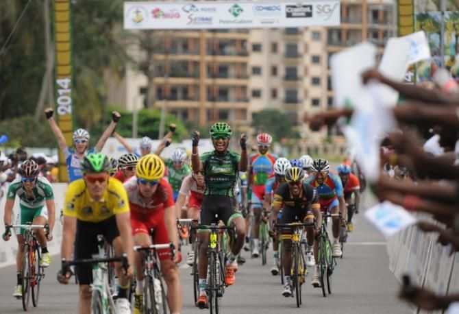 Natnael Berhane (Europcar) celebrates final overall victory at the Tropicale Amissa Bongo.