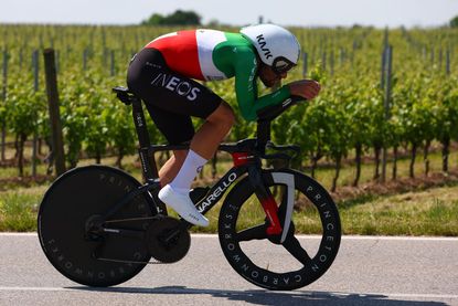 Team Ineos' Italian rider Filippo Ganna competes in the 14th stage of the 107th Giro d'Italia cycling race, a time trial between Castiglione delle Stiviere and Desenzano del Garda, on May 18, 2024. (Photo by Luca Bettini / AFP) (Photo by LUCA BETTINI/AFP via Getty Images)