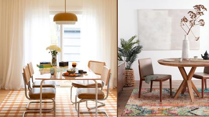 Two types of dining room rugs in two different spaces, one yellow plaid one in a bright room with a wooden table on metal legs and cane chairs, the other a mulitcolored rug in a mid-century modern style dinign room with a round wooden tables and wooden chairs