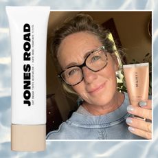 tinted moisturizer for mature skin tested by a woman fifty plus on a blue background