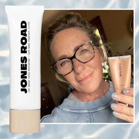 tinted moisturizer for mature skin tested by a woman fifty plus on a blue background