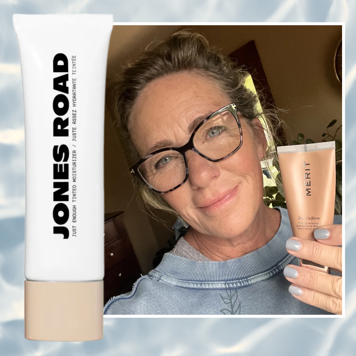 tinted moisturizer for mature skin tested by a woman fifty plus on a blue background