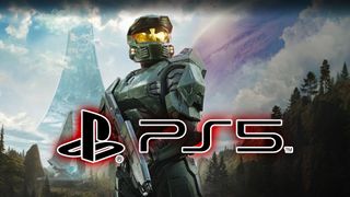 Master Chief standing in front of a Halo ring with a large PS5 logo overlaid across the center of the image.