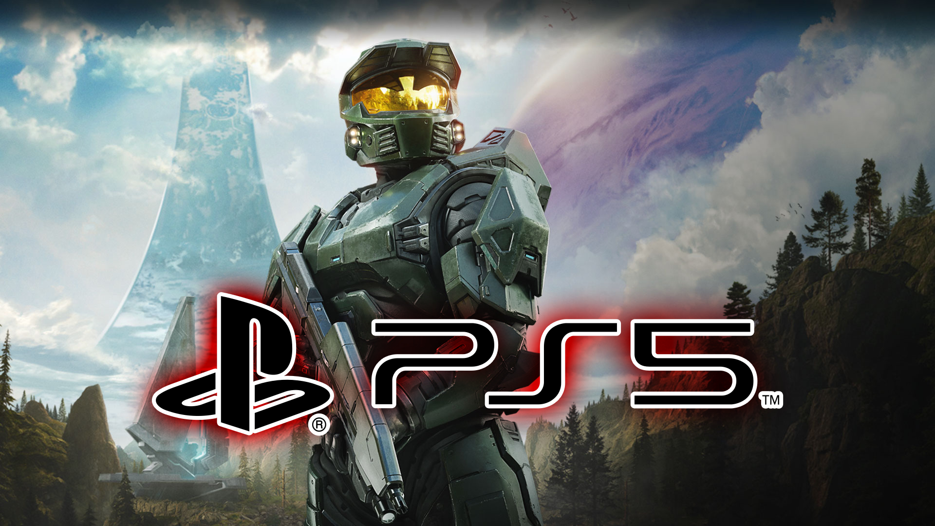 Master Chief standing in front of a Halo ring with a large PS5 logo overlaid across the center of the image.