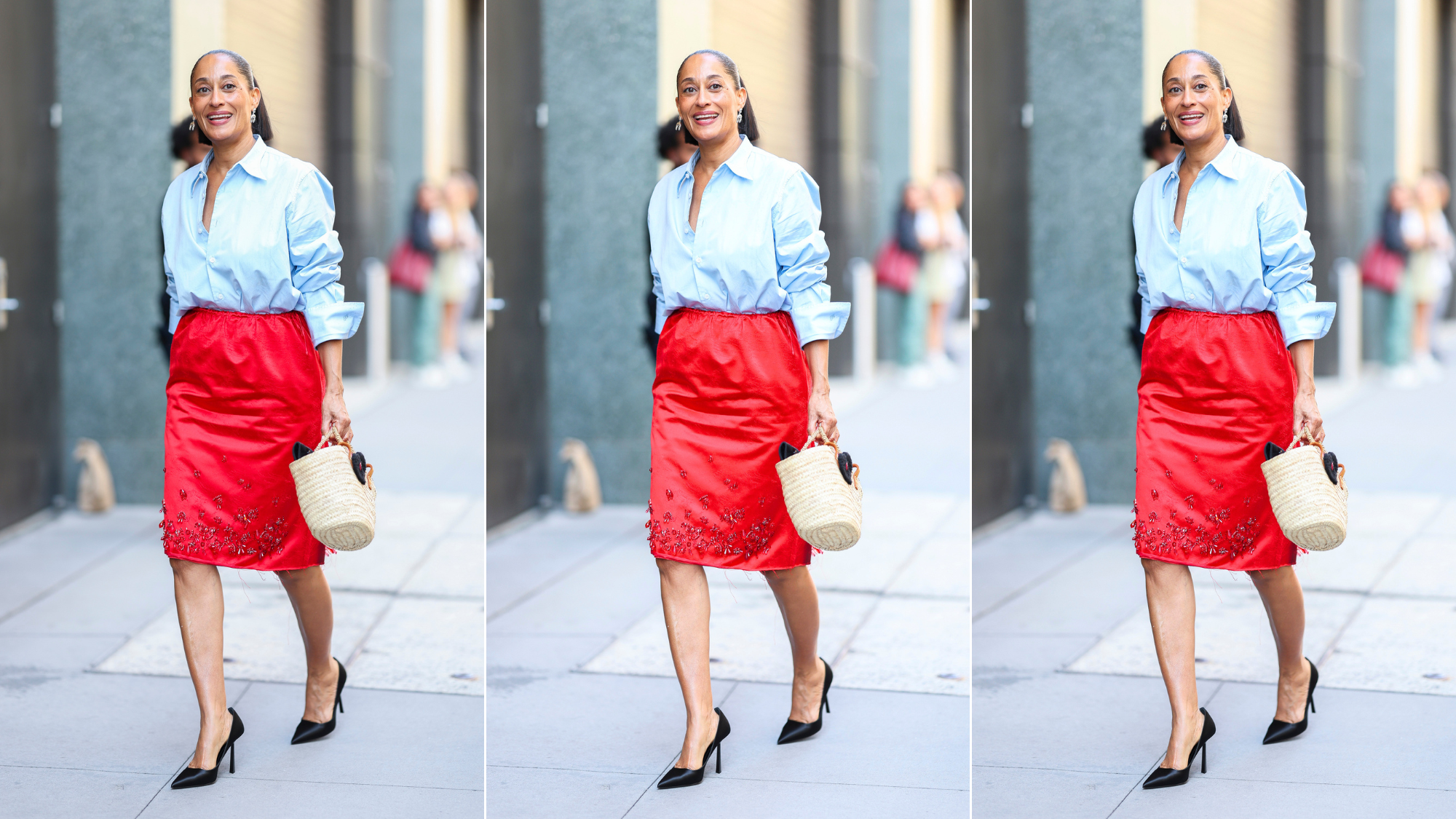 Tracee Ellis Ross in red blue outfit