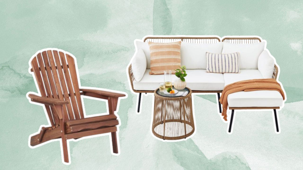 Wooden outdoor chair and white outdoor sofa on green background