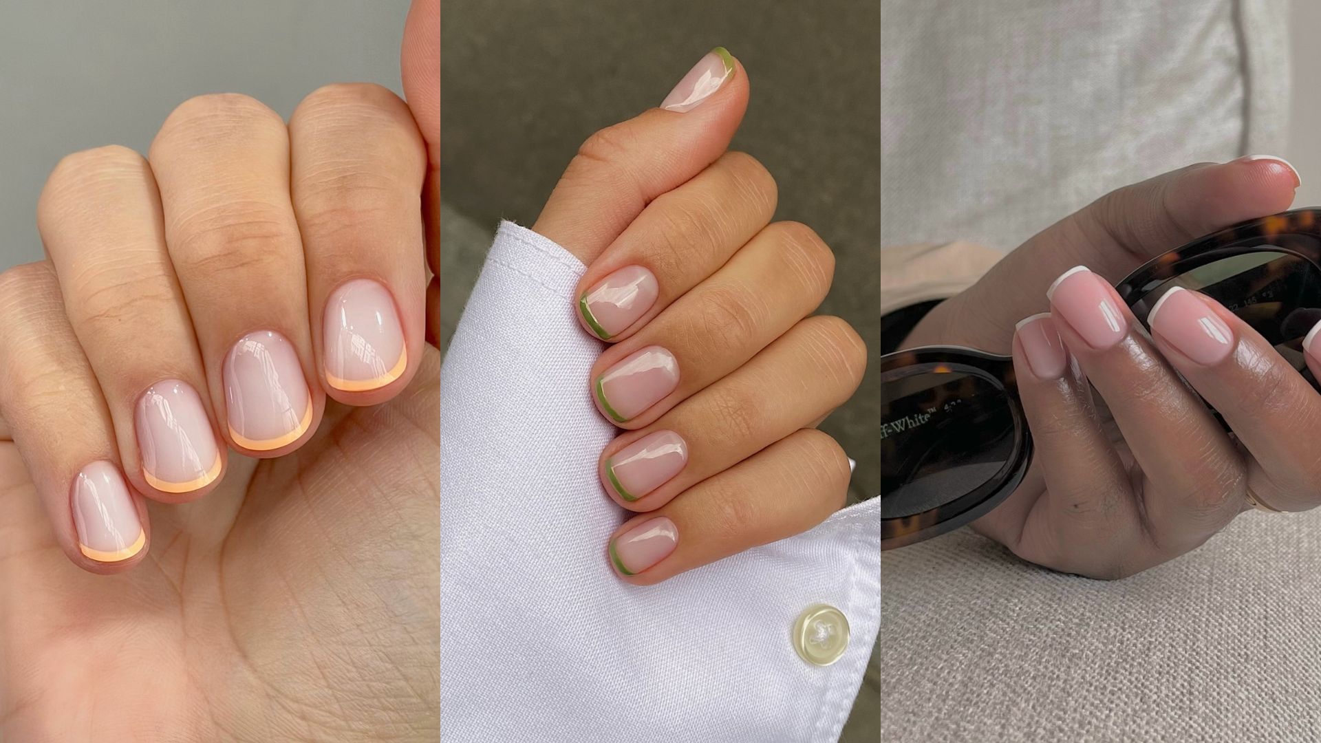 A collage of French manicure designs our editors have bookmarked for april 2026, including a peach French mani, an olive green French manicure and a classic white French tip
