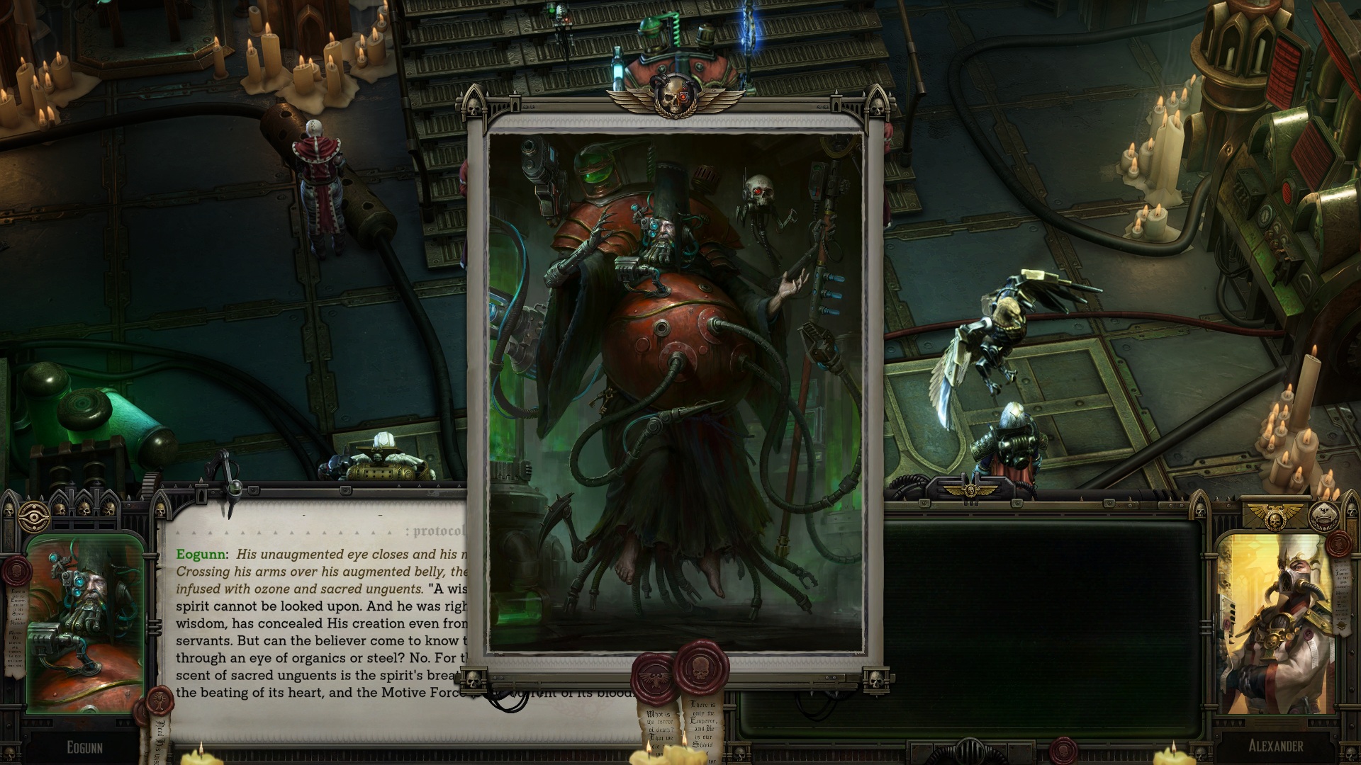 A digital game interface displays a robotic figure with tentacles. Text overlays with candle-lit machinery surround it, creating a dark, mysterious tone.