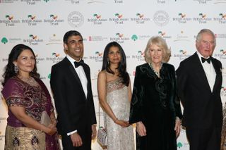 Prince Charles Covid - Britain's Prince Charles, Prince of Wales (R) and his wife Britain's Camilla, Duchess of Cornwall (2nd R) pose for pictures with (from L) Britain's Home Secretary Priti Patel, Britain's Chancellor of the Exchequer Rishi Sunak and his wife Akshata Murthy during a reception to celebrate the British Asian Trust at The British Museum on February 9, 2022 in London.