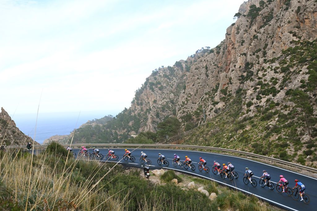 ANDRATX SPAIN JANUARY 27 A general view of the breakaway compete climbing to the Coll de sa Gramola 357m during the 2nd Challenge Femenino Ciclista Mallorca 2025 Trofeo Binissalem Puerto de Andratx a 1075km One day race from Binissalem to Port dAndratx 168m on January 27 2025 in Binissalem Spain Photo by Tim de WaeleGetty Images