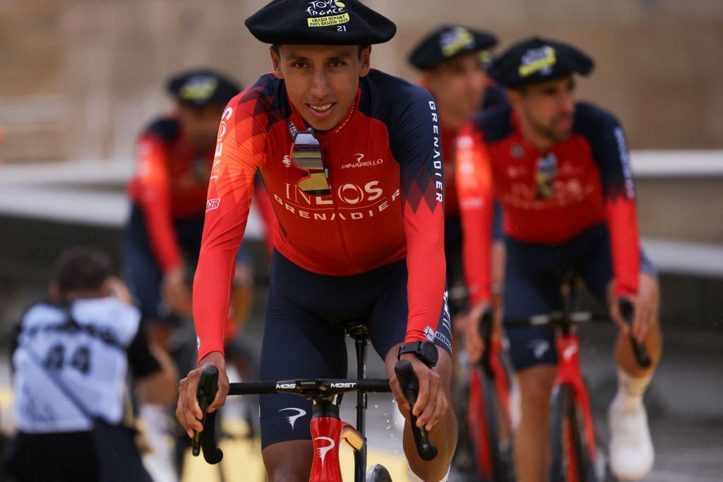INEOS Grenadiers Colombian rider Egan Bernal cycles to the stage during the official teams presentation near the Guggenheim Museum Bilbao in Bilbao northern Spain on June 29 2023 two days prior to the start of the 110th edition of the Tour de France cycling race Photo by Thomas SAMSON AFP The erroneous mentions appearing in the metadata of this photo by Thomas SAMSON has been modified in AFP systems in the following manner INEOS Grenadiers Colombian rider Egan Bernal instead of EF Education Easyposts Colombian rider Rigoberto Uran Please immediately remove the erroneous mentions from all your online services and delete it them from your servers If you have been authorized by AFP to distribute it them to third parties please ensure that the same actions are carried out by them Failure to promptly comply with these instructions will entail liability on your part for any continued or post notification usage Therefore we thank you very much for all your attention and prompt action We are sorry for the inconvenience this notification may cause and remain at your disposal for any further information you may require Photo by THOMAS SAMSONAFP via Getty Images