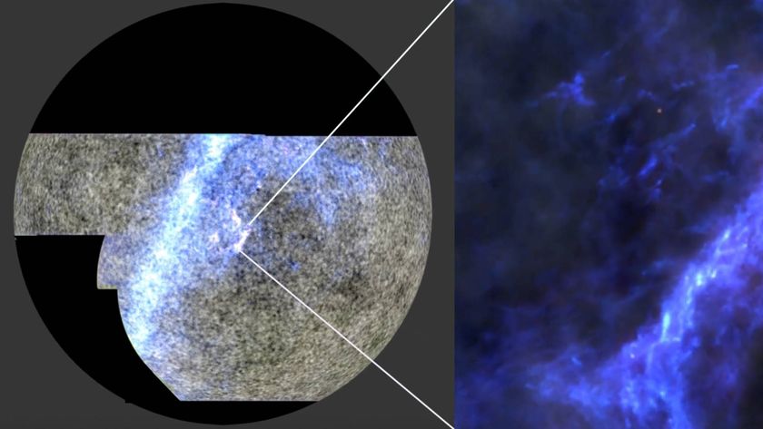 On the left is part of a new half-sky image in which three wavelengths of light have been combined to highlight the Milky Way (purple) and cosmic microwave background (gray). On the right, a closeup of the Orion Nebula.