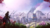 Key art for Satisfactory, showing someone in an alien world overlooking a thriving factory.