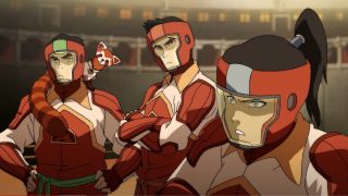 From left to right: Bolin, Mako and Korra ready for battle in The Legend of Korra.