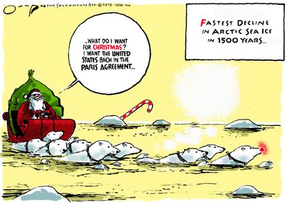 Political cartoon U.S. global warming melting sea ice Paris Accord Christmas