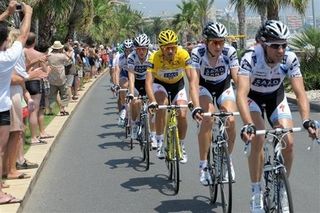 German Jens Voigt (Saxo Bank) leads teammate and Tour de France race leader, Fabian Cancellara (Saxo Bank).