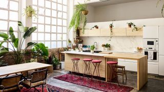 Contemporary white and wood kitchen with island, large window and plants