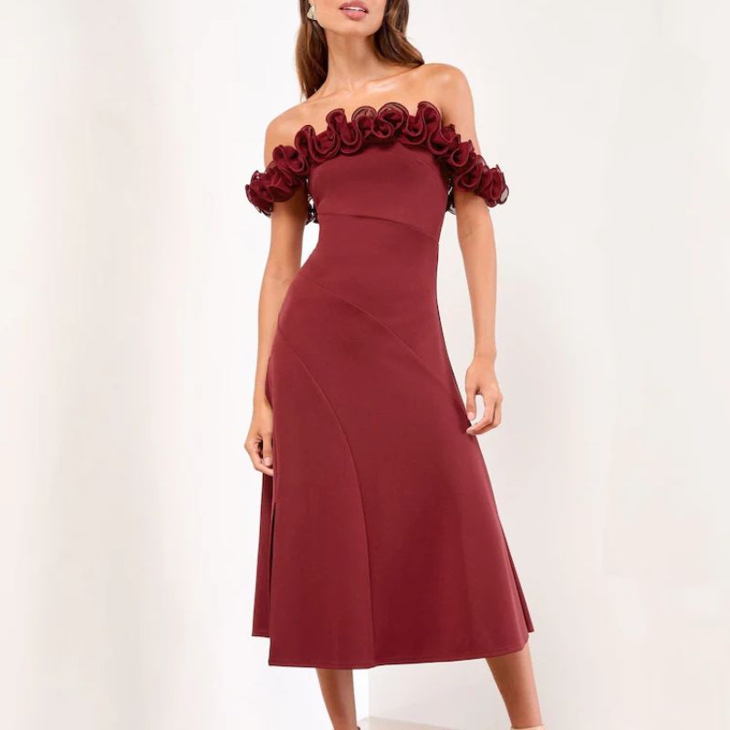 Lipsy, Burgundy Red Ruffle Bardot Dress