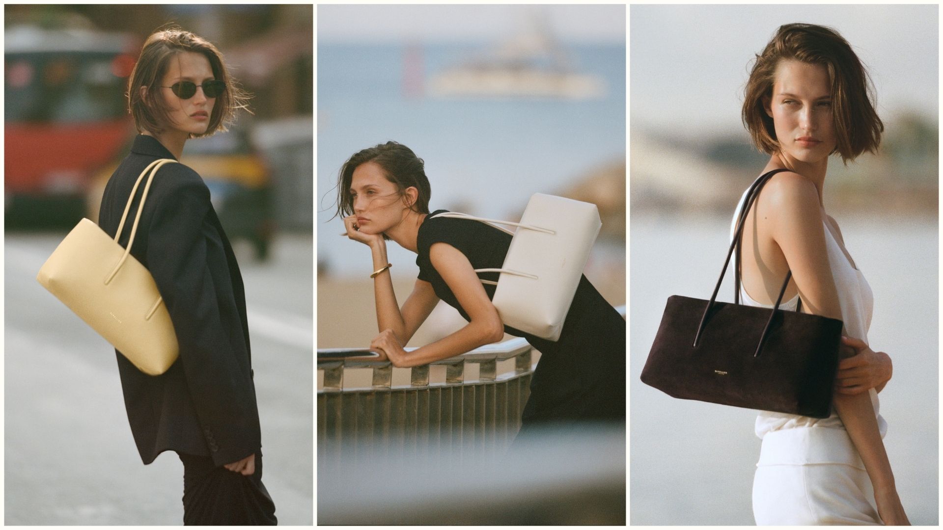 Woman carries three DeMellier Stockholm Shoulder bags in yellow, cream and brown suede. 