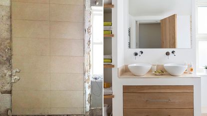 white walled bathroom with tiled flooring and cabinets