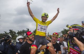 Jacopo Mosca celebrates overall victory at the Tour of Hainan.