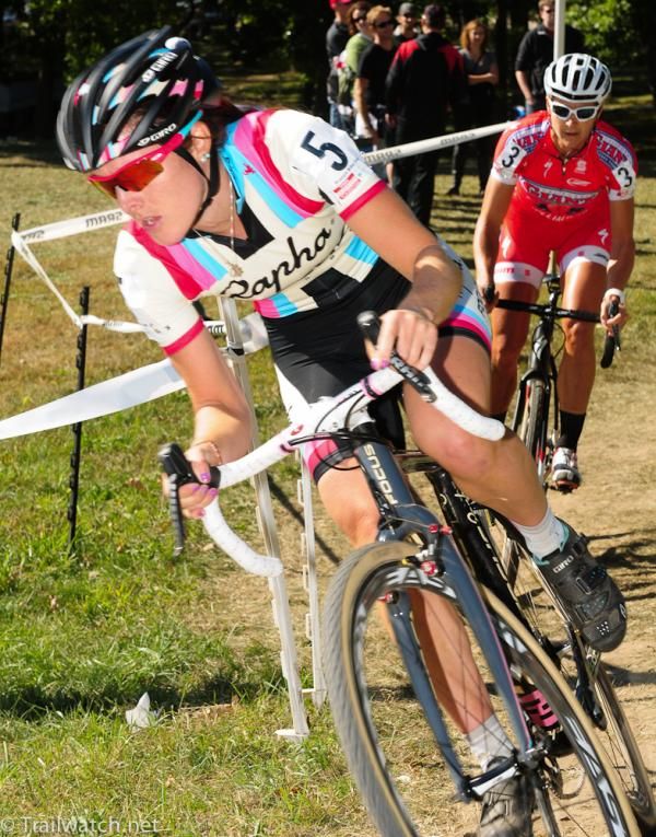 Gabby Day (Rapha Focus) leading Meredith Miller through some corners