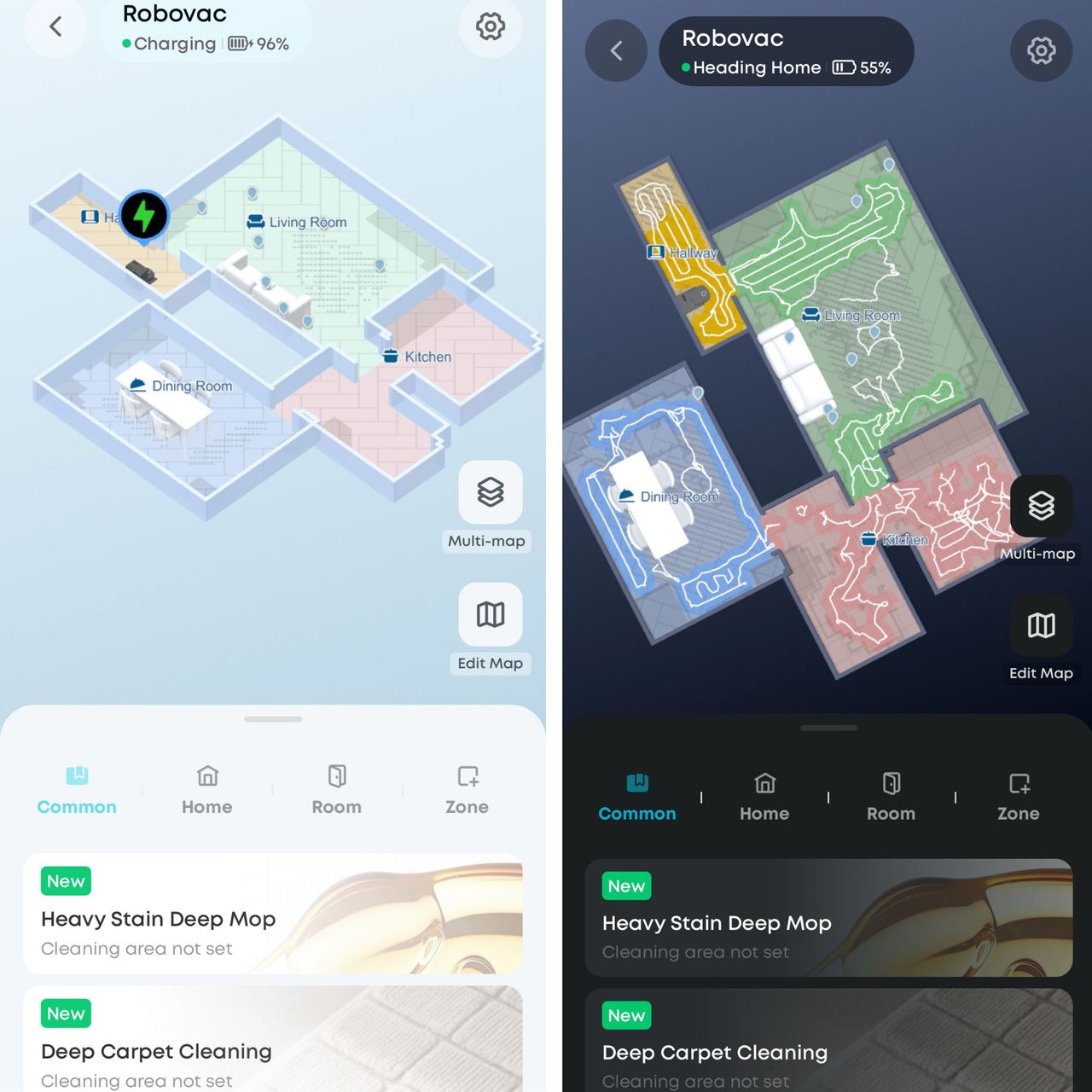 Screenshots of the Anker app, showing a map created by the Anker eufy Robot Vacuum E35 Omni
